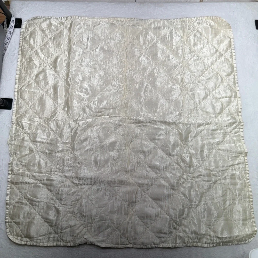 Vintage Satin 39x39 Baby Blanket Diamond Quilted Pale Yellow Cream 1950 1960